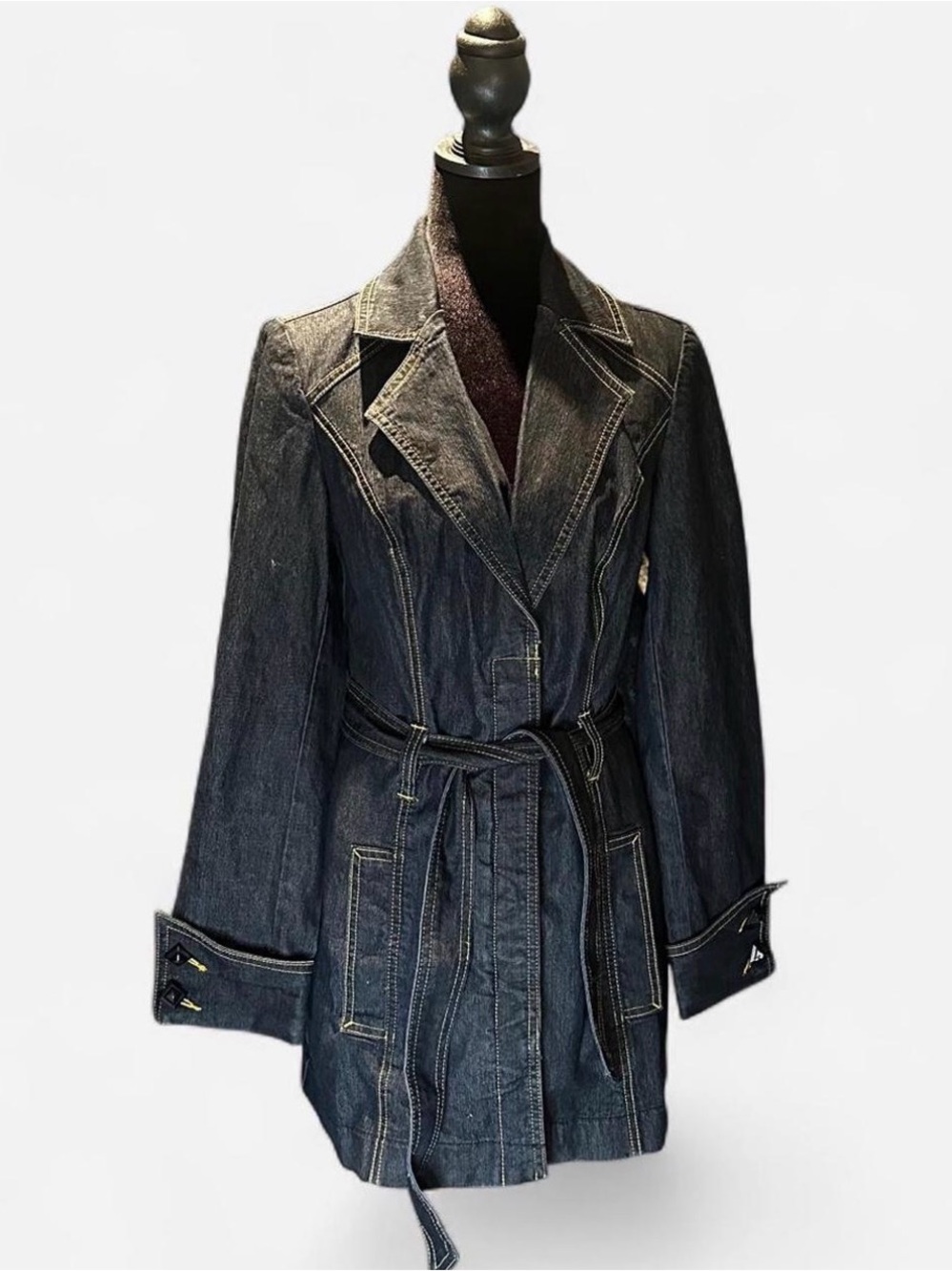 Bisou Bisou Dark Denim Trench Coat with Belt in Size Small